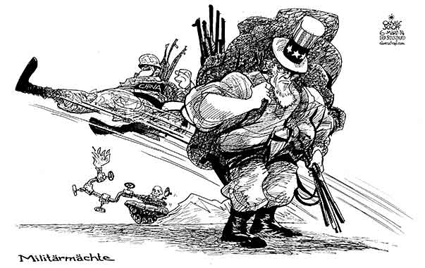 Oliver Schopf, politischer Karikaturist aus Österreich, politische Karikaturen aus Österreich, Karikatur Cartoon Illustrationen Politik Politiker international 2014: USA CHINA RUSSLAND PUTIN UNCLE SAM MILITAERMACHT SOLDAT GAS GAZPROM PANZER WETTRUESTEN 
 