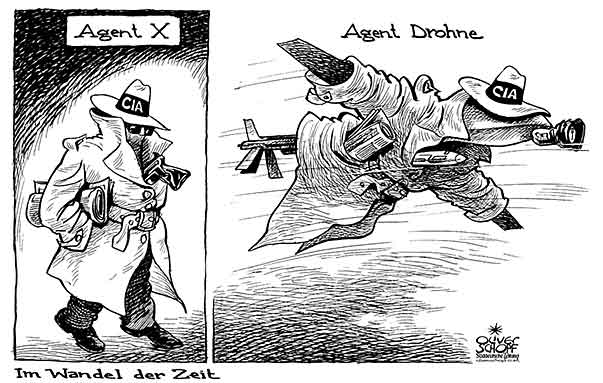  Oliver Schopf, politischer Karikaturist aus Österreich, politische Karikaturen aus Österreich, Karikatur Illustrationen politische Karikaturen Welt 2009 im wandel der zeit agent x mutiert zu agent drohne flugzeug videoüberwachung waffenarsenal usa, cia, drohne, agent, spion 