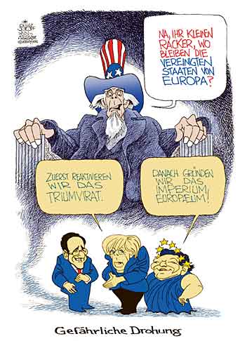 Oliver Schopf, politischer Karikaturist aus Österreich, politische Karikaturen aus Österreich, Karikatur Illustrationen Politik Politiker international  2012 für das Schweizer Satieremagazin Nebelspalter  USA EU UNCLE SAM MERKEL HOLLANDE BARROSO TRIUMVIRAT CAESAR VEREINIGTE STAATEN     

     

 










 