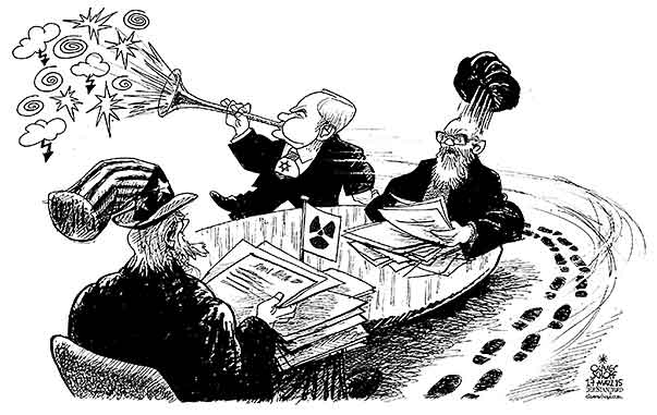  Oliver Schopf, politischer Karikaturist aus Österreich, politische Karikaturen, Illustrationen Archiv politische Karikatur Welt 2015 USA IRAN ATOM GESPRAECHE VERHANDLUNGEN VERHANDLUNGSTISCH NETANJAHU LAERM TROMPETE STOEREN 
  



