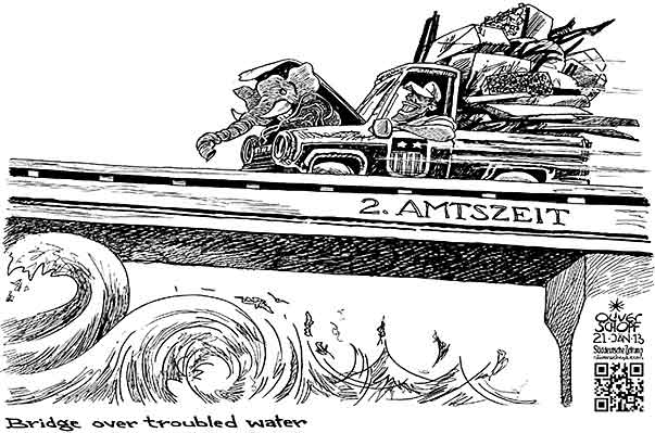 Oliver Schopf, politischer Karikaturist aus Österreich, politische Karikaturen aus Österreich, Karikatur Illustrationen Politik Politiker international  2013 USA OBAMA BARACK PRAESIDENT 2. AMTSZEIT ELEFANT REPUBLIKANER BRUECKE PICKUP CAR BRIDGE OVER TROUBLED WATER   









 