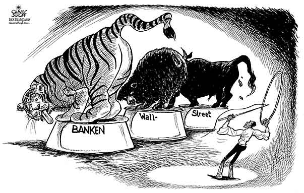  Oliver Schopf, politischer Karikaturist aus Österreich, politische Karikaturen aus Österreich, Karikatur Illustrationen politische Karikaturen Welt: 2009 Banken als tiger wallstreeet als bulle und bär von us-präsidenten präsidenten der usa barack obama in schach gehalten, wall street, banken, zirkus, dompteuer, tiger, baer, bulle  