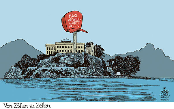 Oliver Schopf, politischer Karikaturist aus Österreich, politische Karikaturen aus Österreich, Karikatur Cartoon Illustrationen Politik Politiker international @oliverschopf.bsky.social 2025: USA TRUMP ALCATRAZ GEFÄNGNIS INSEL MAGA MAKE AMERICA GREAT AGAIN KAPPE ROT 



















