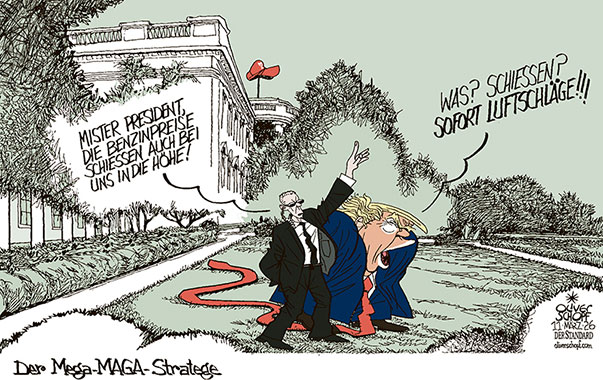 Oliver Schopf, politischer Karikaturist aus Österreich, politische Karikaturen aus Österreich, Karikatur Cartoon Illustrationen Politik Politiker international @oliverschopf.bsky.social 2026: USA IRANKRIEG ÖL STEIGENDE ÖLPREISE BENZINPREISE IN DIE HÖHE SCHIESSEN TRUMP WEISSES HAUS GARTEN SECRET SERVICE LUFTSCHLÄGE 


