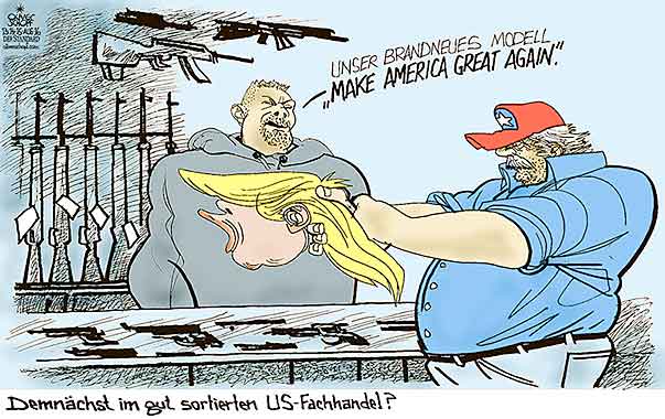  Oliver Schopf, politischer Karikaturist aus Österreich, politische Karikaturen, Illustrationen Archiv politische Karikatur Welt USA Präsidentenwahl 2016 USA PRÄSIDENTSCHAFTSWAHL 2016 DONALD TRUMP WAFFEN GESCHÄFT GUN STORE MAKE AMERICA GREAT AGAIN WAFFENLOBBY POPULIST SCHREIEN  

