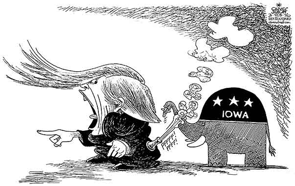 Oliver Schopf, editorial cartoons from Austria, cartoonist from Austria, Austrian illustrations, illustrator from Austria, editorial cartoon politics politician International, Cartoon Arts International, New York Times Syndicate, Cagle cartoon 2016 USA PRESIDENTIAL ELECTIONS PRIMARIES CAUCUS IOWA GOP DONALD TRUMP ELEFANT AIR   
