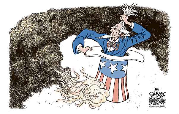  Oliver Schopf, politischer Karikaturist aus Österreich, politische Karikaturen, Illustrationen Archiv politische Karikatur Welt 2011 usa uncle sam magie zauberei hut zaubern feuer es brennt der hut rauch




