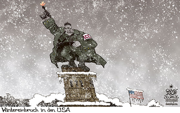 Oliver Schopf, politischer Karikaturist aus Österreich, politische Karikaturen aus Österreich, Karikatur Cartoon Illustrationen Politik Politiker international @oliverschopf.bsky.social 2026: USA WINTER WINTEREINBRUCH SCHNEE STURM ICE GREGORY BOVINO MINNEAPOLIS MINNESOTA SCHIESSEN FREIHEITSSTATUE 


