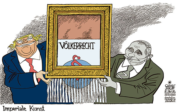 Oliver Schopf, politischer Karikaturist aus Österreich, politische Karikaturen aus Österreich, Karikatur Cartoon Illustrationen Politik Politiker international @oliverschopf.bsky.social 2026: VÖLKERRECHT TRUMP PUTIN VENEZUELA GRÖNLAND UKRAINE KUNST BANKSY SCHREDDERN BILD IMPERIAL IMPERIUM
