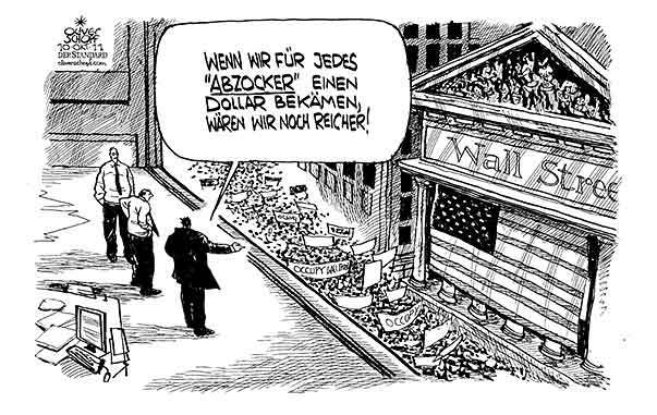 Oliver Schopf, politischer Karikaturist aus Österreich, politische Karikaturen aus Österreich, Karikatur Illustrationen Politik Politiker international 2011 usa occupy wall street protest reich abzocker abzocken  












 