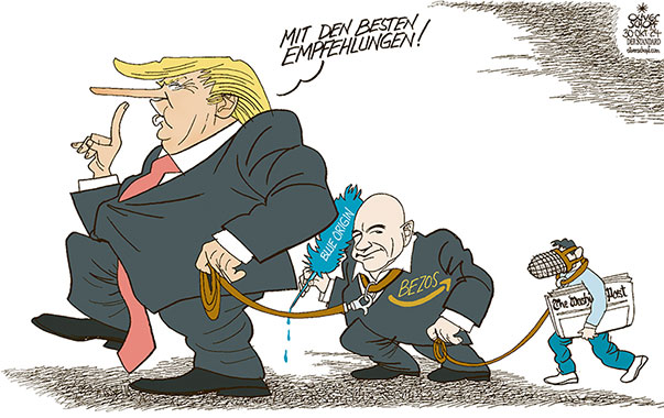 Oliver Schopf, politischer Karikaturist aus Österreich, politische Karikaturen aus Österreich, Karikatur Cartoon Illustrationen Politik Politiker international 2024: USA PRÄSIDENTESCHAFTSWAHLEN THE WASHINGTON POST ZEITUNG WAHLEMPFEHLUNG JEFF BEZOS AMAZON BLUE ORIGIN TRUMP ABHÄNGIGKEIT GÄNGELBAND LEINE MAULKORB JOURNALIST MEINUNGSFREIHEIT DEMOKRATIE 



































 

 







