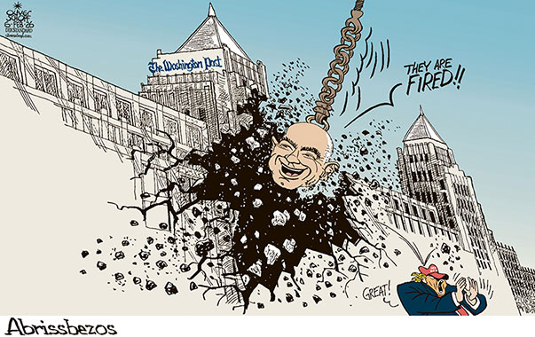 Oliver Schopf, politischer Karikaturist aus Österreich, politische Karikaturen aus Österreich, Karikatur Cartoon Illustrationen Politik Politiker international @oliverschopf.bsky.social 2026: USA THE WASHINGTON POST GEBÄUDE ONE FRANKLIN SQUARE JEFF BEZOS AMAZON KÜNDIGUNGEN ABRISSBIRNE TRUMP PRESSEFREIHEIT YOU ARE FIRED 


