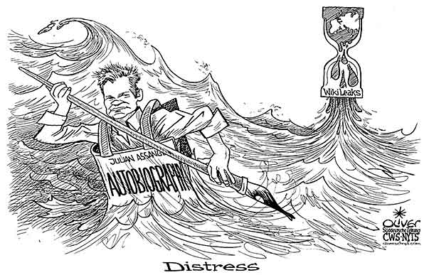 Oliver Schopf, editorial cartoons from Austria, cartoonist from Austria, Austrian illustrations, illustrator from Austria, editorial cartoon politics politician International 2010: WikiLeaks assange book biography distress rescue






