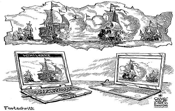 Oliver Schopf, politischer Karikaturist aus Österreich, politische Karikaturen aus Österreich, Karikatur Illustrationen Politik Politiker international 2010: wikileaks internet krieg schiff seeschlacht laptop fortschritt




 